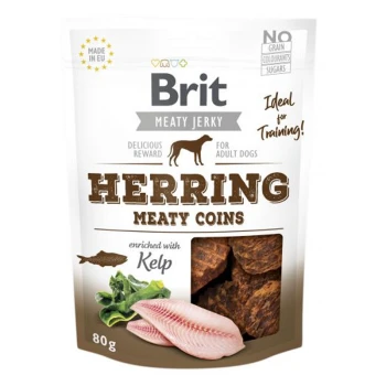 Brit Meaty Jerky Herring Meaty Coins dla dorosłych psów, opakowanie 80g, z zdjęciem jerky, ryby i wodorostów. Idealne do treningu.