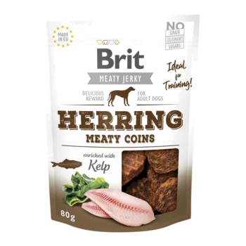 Brit Meaty Jerky Herring Meaty Coins dla dorosłych psów, opakowanie 80g, z zdjęciem jerky, ryby i wodorostów. Idealne do treningu.