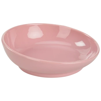Pink ceramic pet bowl with a smooth, glossy finish, shallow and round in shape.
