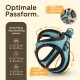 Teal verstellbares Haustiergeschirr auf hellem Hintergrund, das Hals- und Bauchmaße für XS, S und M zeigt. Text: "Optimale Passform."