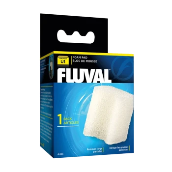 Fluval U1 Foam Pad packaging featuring a white foam pad, with text stating "Removes large particles" and "1 pack."