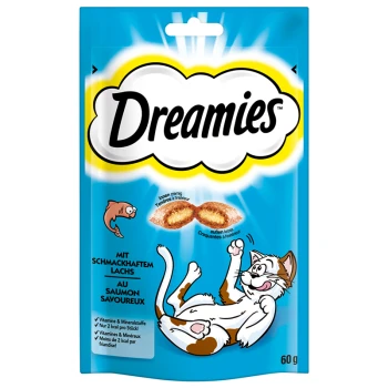 A blue package of Dreamies cat treats featuring a playful cat illustration, with text highlighting salmon flavor and nutritional benefits.
