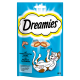 Eine blaue Verpackung von Dreamies Katzenleckerlis mit einer verspielten Katzenillustration, mit Text, der den Lachs-Geschmack und die ernährungsphysiologischen Vorteile hervorhebt.