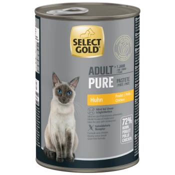 Select Gold Adult Pure Katzenfutterdose mit Hühnerpastete, getreidefreie Formel, für Katzen über 1 Jahr, 72 % Huhn, Bild einer Siamkatze.