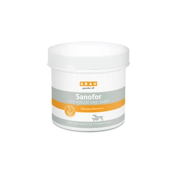 Behälter mit Sanofor-Nahrungsergänzungsmittel für Haustiere, gekennzeichnet für Magen- und Darmgesundheit, mit einem grauen und weißen Design und einem orangefarbenen Streifen.