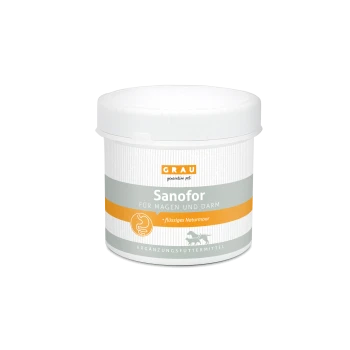 Behälter mit Sanofor-Nahrungsergänzungsmittel für Haustiere, gekennzeichnet für Magen- und Darmgesundheit, mit einem grauen und weißen Design und einem orangefarbenen Streifen.