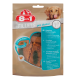 Emballage de friandises dentaires au poulet 8in1 Fillets pro avec un golden retriever. Met en avant des ingrédients de qualité pour une haleine fraîche.