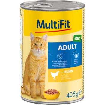 A can of MultiFit cat food with a ginger cat label, marked "ADULT" in bold blue, and "JELLY" with chicken flavor.