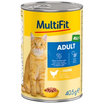 Eine Dose MultiFit Katzenfutter mit einem Etikett eines roten Katers, gekennzeichnet mit 'ADULT' in fettem Blau und 'JELLY' mit Hühnergeschmack.