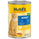 Eine Dose MultiFit Katzenfutter mit einem Etikett eines roten Katers, gekennzeichnet mit 'ADULT' in fettem Blau und 'JELLY' mit Hühnergeschmack.