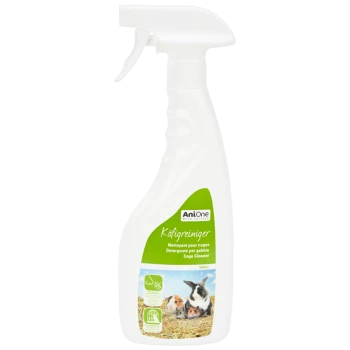White spray bottle labeled "AniOne Käfigreiniger" with text in French and English, indicating it's a cage cleaner for small animals, 500ml.