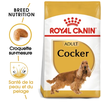 Sac de nourriture pour chiens Royal Canin Adult Cocker présentant un Cocker Spaniel doré, avec un texte mettant en avant la nutrition de la race et les bienfaits pour la santé de la peau.