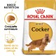 Sac de nourriture pour chiens Royal Canin Adult Cocker présentant un Cocker Spaniel doré, avec un texte mettant en avant la nutrition de la race et les bienfaits pour la santé de la peau.