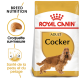 Sac de nourriture pour chiens Royal Canin Adult Cocker présentant un Cocker Spaniel doré, avec un texte mettant en avant la nutrition de la race et les bienfaits pour la santé de la peau.