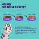 Illustration einer Katze mit einem verspielten Ausdruck, die einen Fütterungsübergangsplan von Junkfood zu Edgard & Cooper über 10 Tage zeigt.