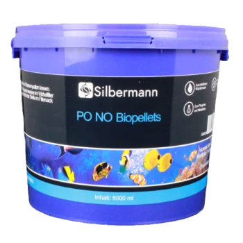 Lila Eimer beschriftet mit "Silbermann PO NO Biopellets" mit aquatischen Bildern, enthält 5000 ml Produkt für den Aquariengebrauch.