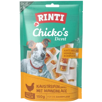 RINTI Chicko's Dent Kauknochenstreifen mit Hühnerfüllung, türkisfarbene Verpackung, Hundeporträt, "ANTI-BELAG MINERAL-KOMPLEX" und 150 g.