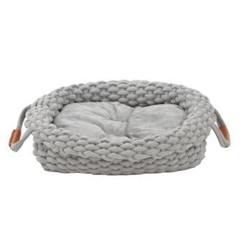 Kuschelbett Holly S Grau gewebtes Haustierbett mit einem weichen, plüschigen Kissen in der Mitte, mit zwei Griffen an den Seiten.
