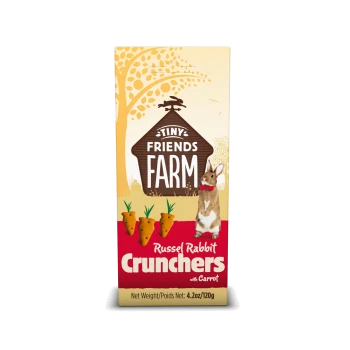 Tiny Friends Farm Russel Rabbit Crunchers with Carrot pet treat box, 4.2oz/120g, featuring a rabbit and carrot-shaped treats.