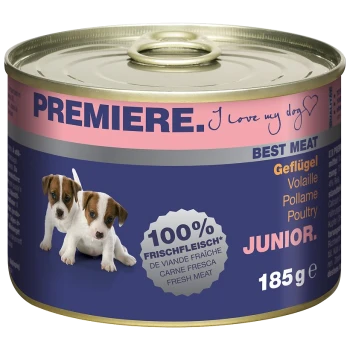 Dosen-Hundefutter mit der Aufschrift "Premiere" und einem Welpenbild, mit den Texten "100% Frisches Fleisch" und "Junior", 185g Größe.