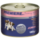 Dosen-Hundefutter mit der Aufschrift "Premiere" und einem Welpenbild, mit den Texten "100% Frisches Fleisch" und "Junior", 185g Größe.