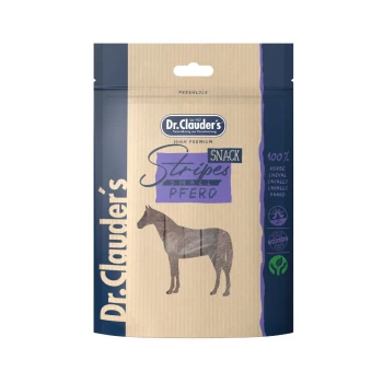 Dr. Clauder's hochwertiger Snack für Haustiere, mit einer beige-blauen Verpackung und einer Pferdesilhouette, beschriftet mit "100% Pferd" und "Stripes Small."