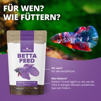NatureHolic BETTA FEED 30 g Beutel, lila Kampffisch-Illustration und bunter lebender Kampffisch, sichtbarer deutscher Text ‚Für wen? Wie Füttern?‘