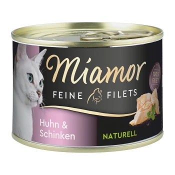 Feine Filets Naturell Huhn und Schinken 12x156 g Katzenfutterdose mit einer weißen Katze, beschriftet mit 'Miamor Feine Filets Huhn & Schinken', mit '100% Filet' und 'Naturell' Text.