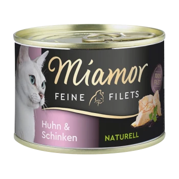 Katzenfutterdose mit einer weißen Katze, beschriftet mit 'Miamor Feine Filets Huhn & Schinken', mit '100% Filet' und 'Naturell' Text.