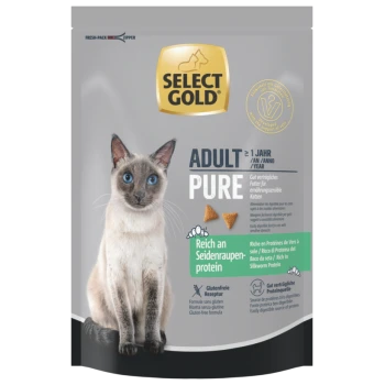 Sac de nourriture pour chats Select Gold Adult Pure pour chats de plus d'un an, riche en protéines de ver à soie, sans gluten, avec image d'un chat siamois aux yeux bleus.
