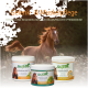 Kastanienbraunes Pferd über drei Stiefel-Dosen: Mineralpaste, Pferdesalbe, Kaolin-Paste; Überschrift 'Gelenk- & Muskelpflege'.