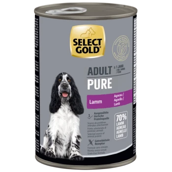 Select Gold Adult Pure Hundefutterdose mit Lammgeschmack, 70 % Lamm, getreidefreie Formel und Bild eines schwarz-weißen Hundes.