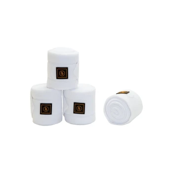 Vier ordentlich gerollte weiße Verbände mit einem schwarz-goldenen Logo, in pyramidenförmiger Anordnung gestapelt, mit einem Verband, der daneben liegt.