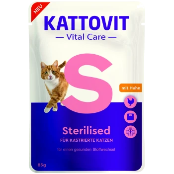 Sachet Kattovit Vital Care, 'Sterilised' avec grand S rose, étiquette orange 'avec poulet', image de chat tigré, 85 g