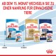 Bild von Royal Canin Hundefutter, das "Welpe" und "Erwachsene" Formeln zeigt, mit einem Hinweis zum Übergang zu Erwachsenenfutter nach 15 Monaten.