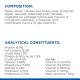 Pet food nutritional information detailing composition and analytical constituents, including protein, fat, vitamins, and minerals.
