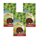 Drei Pakete JR FARM Kolbenhirse rot Vogelfutter, mit einem grünen Hintergrund mit Blättern und Bildern von Vögeln auf der Verpackung.