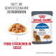 Royal Canin Light Weight Katzenfutterbeutel mit einem Teller Nassfutter, mit Text über Gewichtsmanagement und einer Katzenillustration.