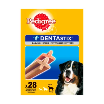 Verpackung von Pedigree DentaStix Hundeleckerlis mit einem glücklichen Hund, mit zwei Zahnpflegekauknochen. Enthält 28 Leckerlis für Hunde über 25 kg.