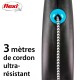 Laisse de chien rétractable Flexi avec un cordon ultra-résistant de 3 mètres, avec une poignée noire et des détails bleus.