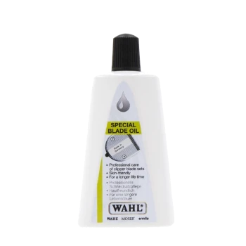 Flasche mit Wahl Spezialklingenöl zur Wartung von Haarschneidemaschinen, mit Text über professionelle Pflege, Hautfreundlichkeit und Langlebigkeit.
