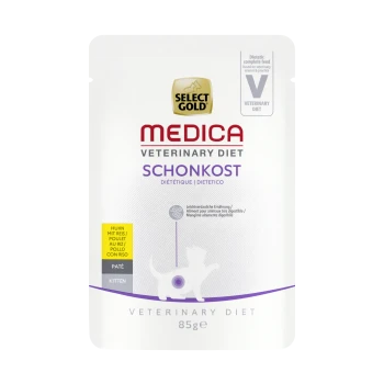 Beutel von Select Gold Medica Veterinary Diet für Kätzchen, 85g, mit einem weißen Hintergrund, lila Text und einer Grafik einer Katze.