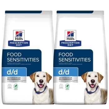 Hill's Prescription Diet d/d Futterempfindlichkeiten Hundefutterbeutel, mit einem Labrador Retriever auf der Vorderseite, mit der Aufschrift "Vom Tierarzt empfohlen."