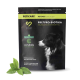 Schwarze Haustierfuttertüte mit der Aufschrift "PETICARE PETDOG HEALTH 2501 PRE/PRO-BIOTIKA", die das Profil eines Hundes zeigt, mit Text über Gesundheitsvorteile und Inhaltsstoffe.