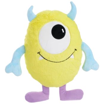 Gelbes Plüsch-Monster-Tierspielzeug mit einem großen Auge, blauen Hörnern und Armen, lila Beinen und einem lächelnden Mund mit zwei Zähnen.