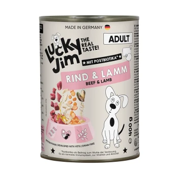 Dose Lucky Jim Adult Hundefutter (Rind & Lamm), rosa Etikett mit Cartoon-Hund, 'Hergestellt in Deutschland', 400 g.