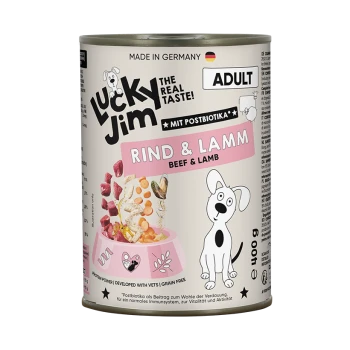 Dose Lucky Jim Adult Hundefutter (Rind & Lamm), rosa Etikett mit Cartoon-Hund, 'Hergestellt in Deutschland', 400 g.