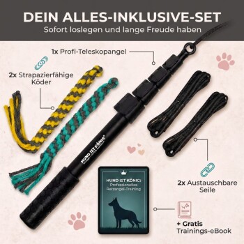 Zusammenklappbarer Hundetrainingstock mit einer Länge von 151 cm, ausgestattet mit einem 40 cm langen geflochtenen Seil und einer Sprechblase mit dem Text "EINFACH ZU VERSTAUEN."