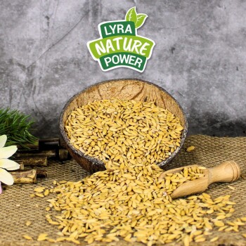 Eine hölzerne Schüssel, die überquillt mit goldenen Samen, von denen einige auf eine Juteschicht fallen. Der Text "LYRA NATURE POWER" ist über der Schüssel sichtbar.