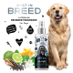 Hundekologensprayflasche mit Zitrus-, Pfeffer- und Blumenextrakten, gekennzeichnet als vegan und pH-neutral, neben einem Golden Retriever.